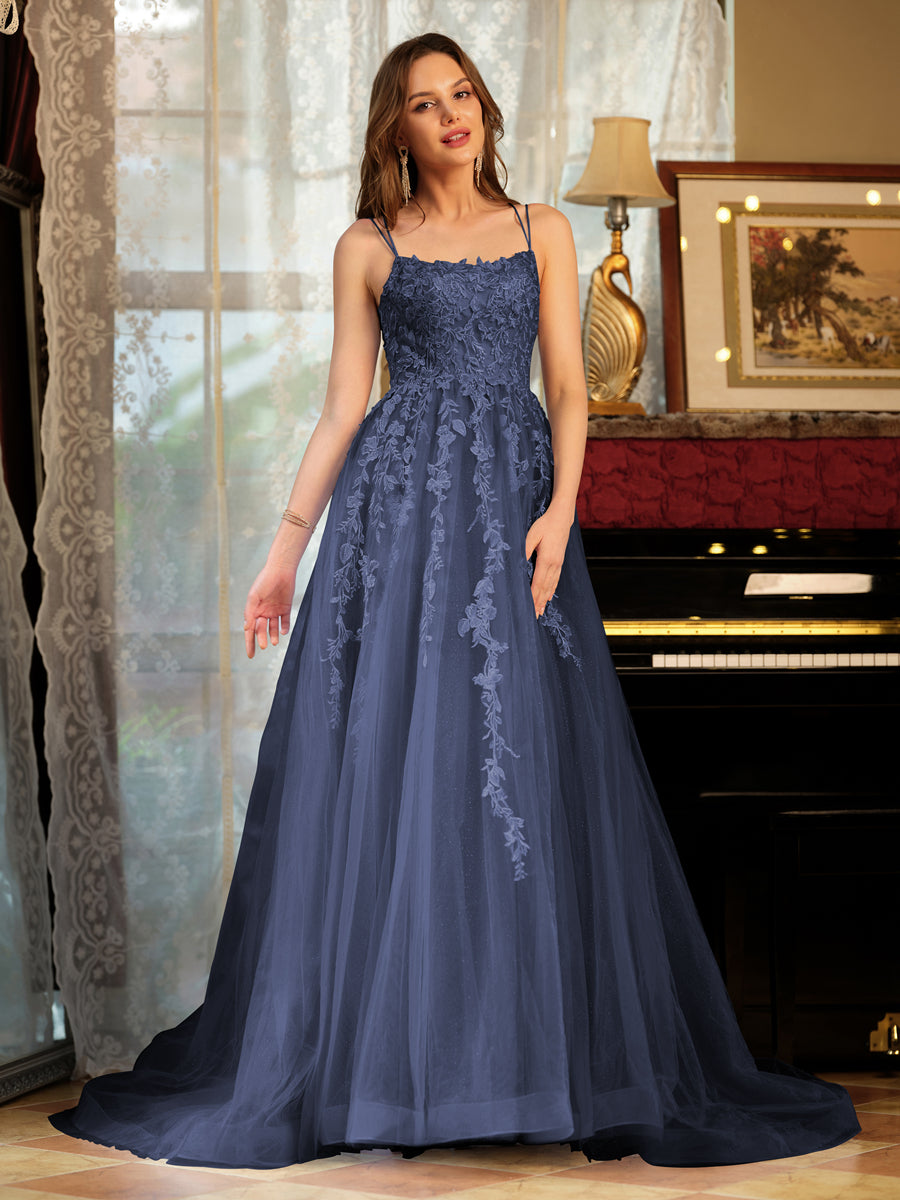 A-Line/Princess Tulle Spaghetti Straps Applique Long Formal Dresses