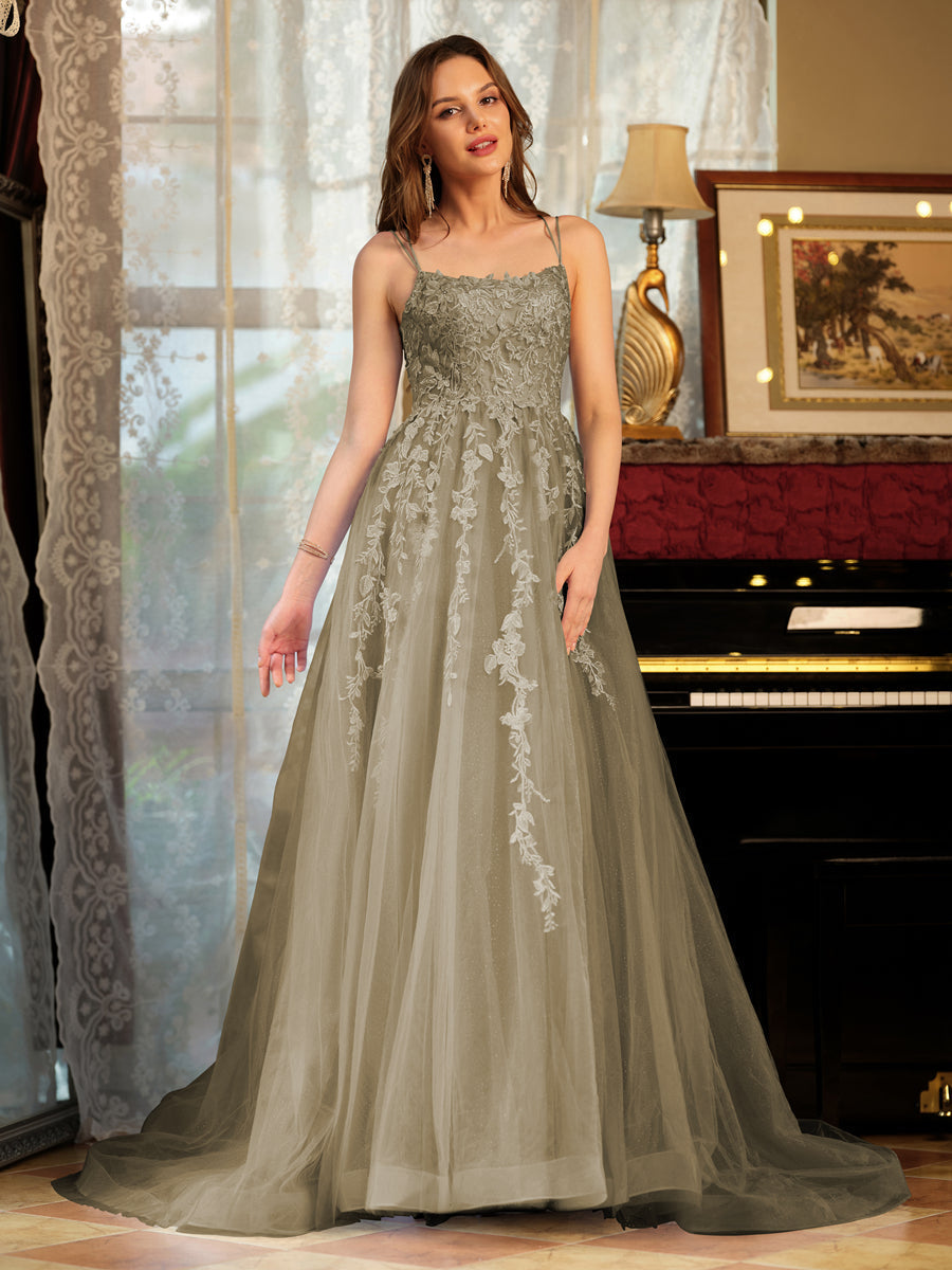 A-Line/Princess Tulle Spaghetti Straps Applique Long Formal Dresses