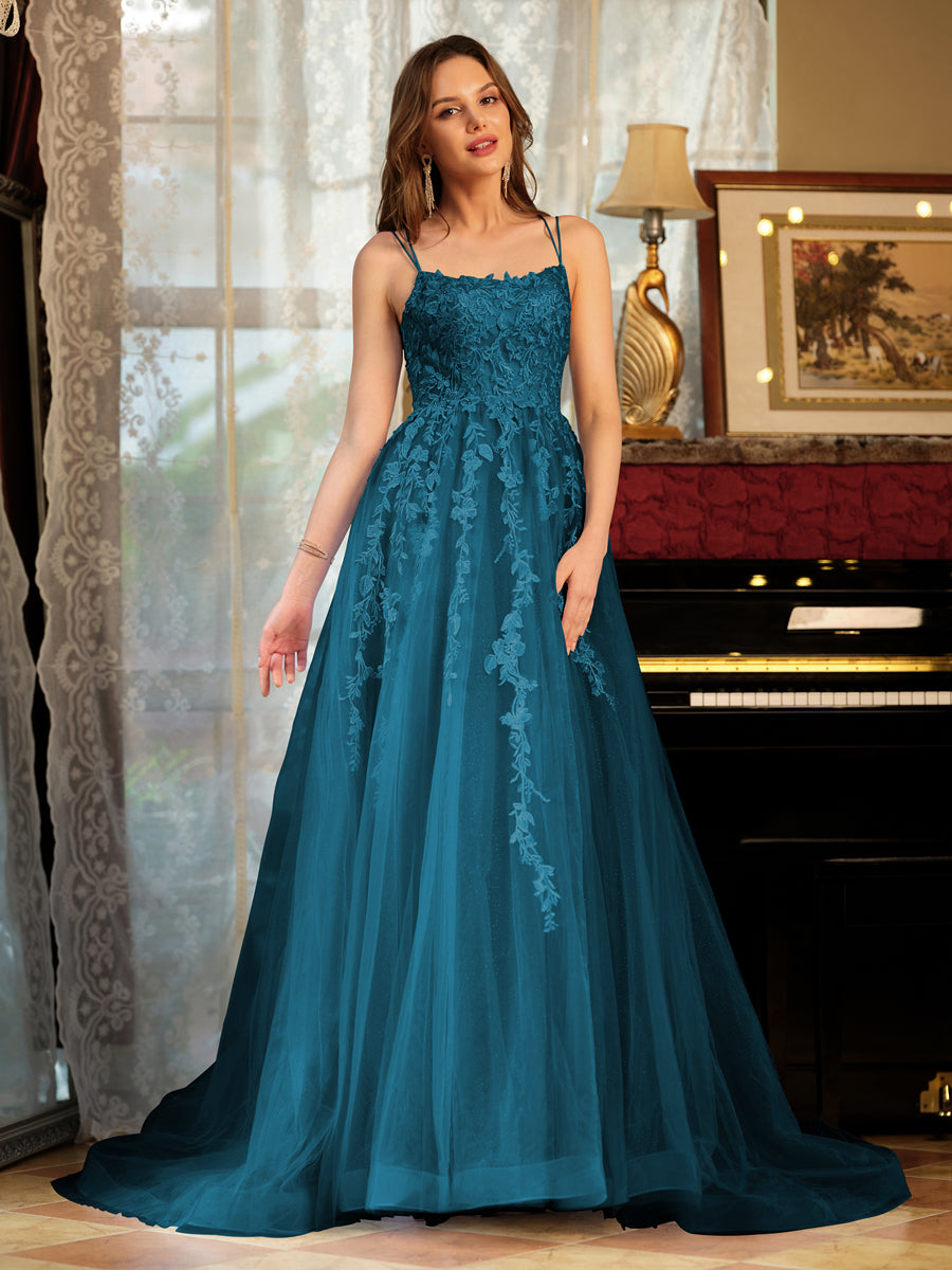 A-Line/Princess Tulle Spaghetti Straps Applique Long Formal Dresses