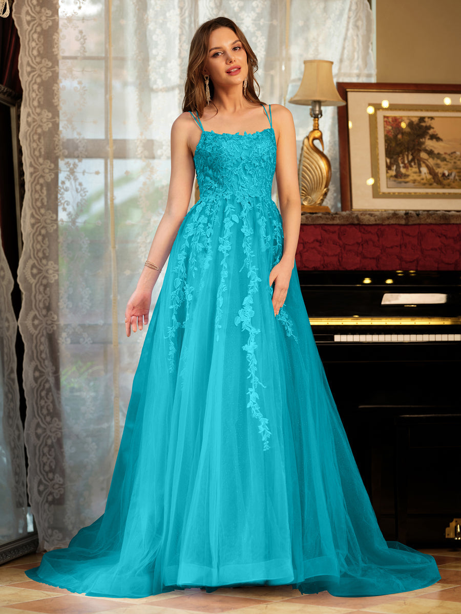 A-Line/Princess Tulle Spaghetti Straps Applique Long Formal Dresses