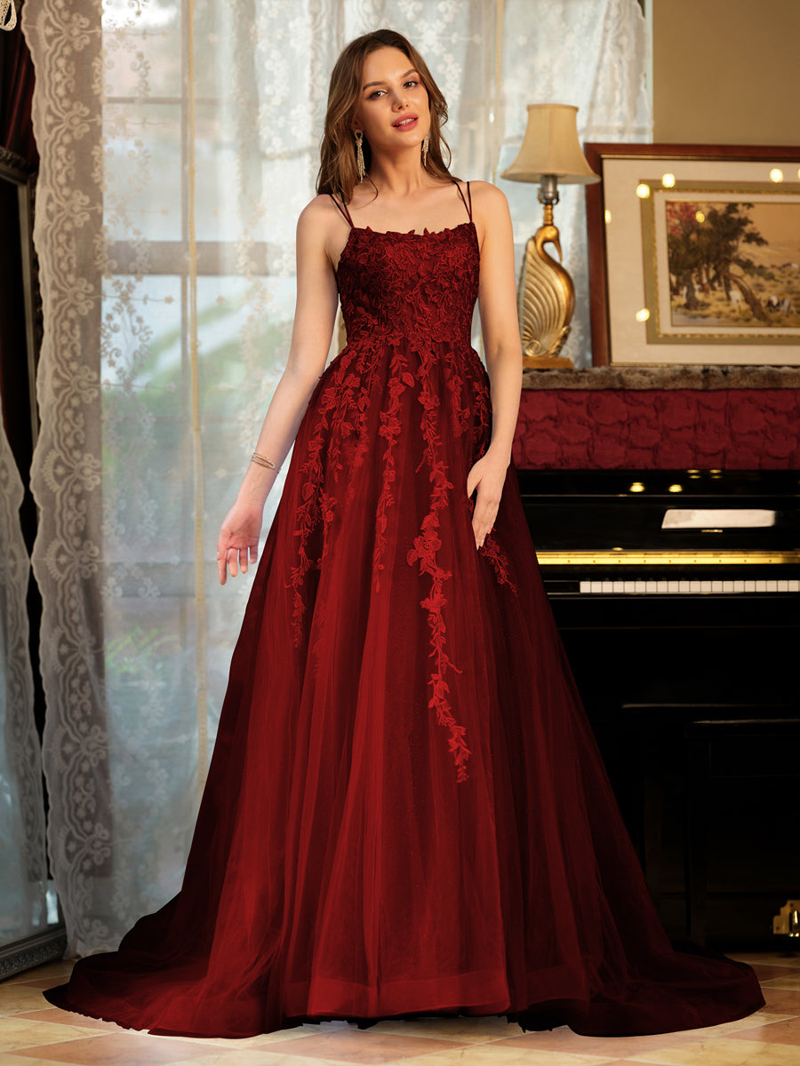 A-Line/Princess Tulle Spaghetti Straps Applique Long Formal Dresses