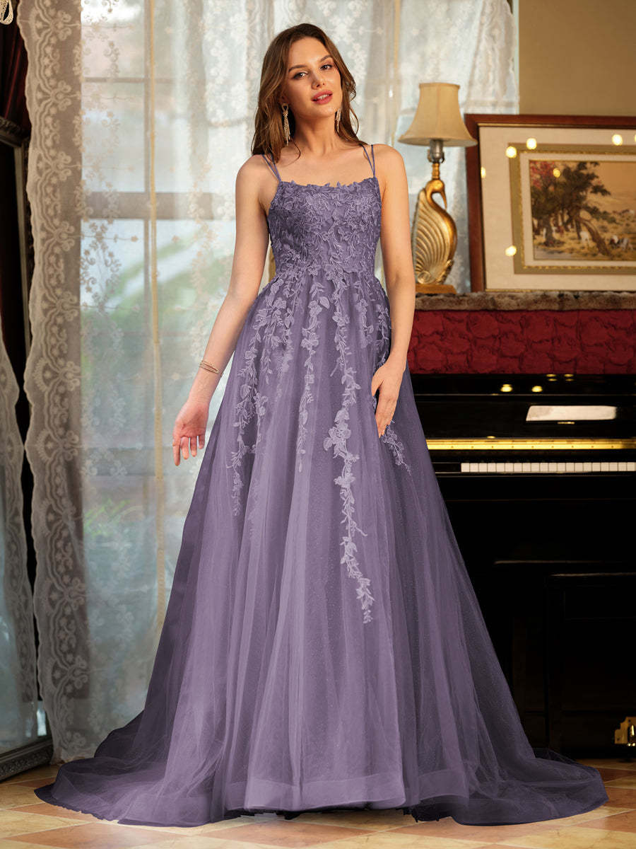 A-Line/Princess Tulle Spaghetti Straps Applique Long Formal Dresses