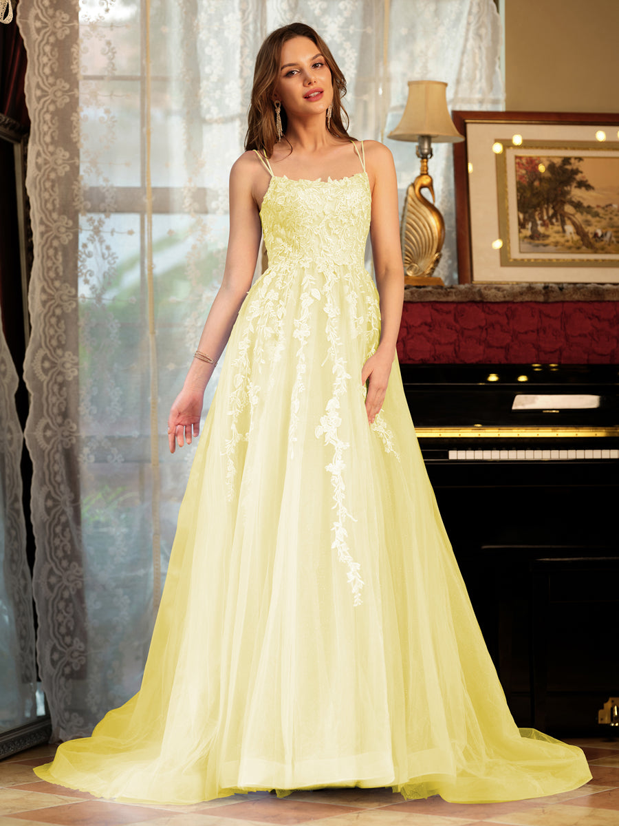 A-Line/Princess Tulle Spaghetti Straps Applique Long Formal Dresses