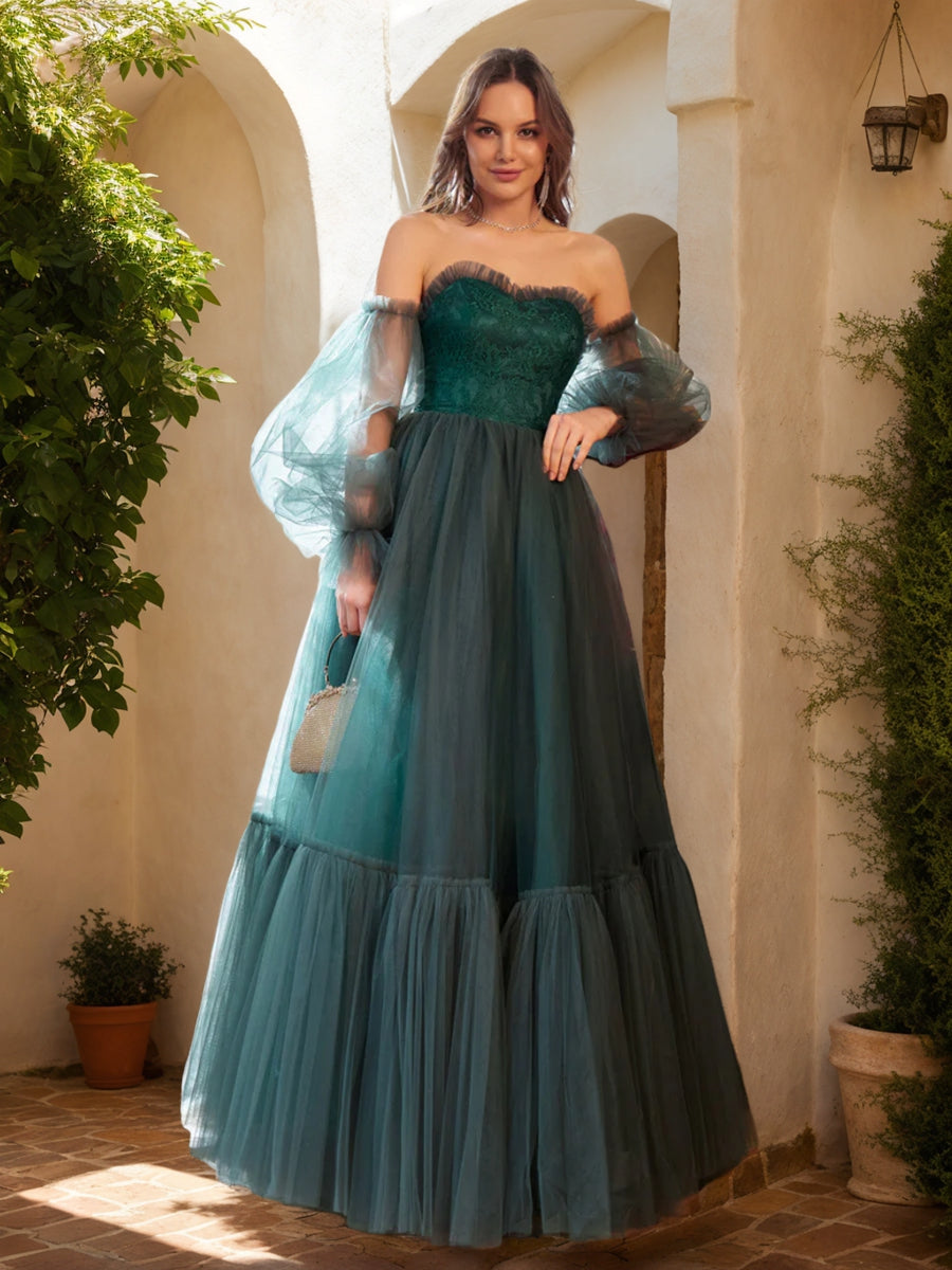 A-Line/Princess Tulle Sweetheart Long Formal Dresses