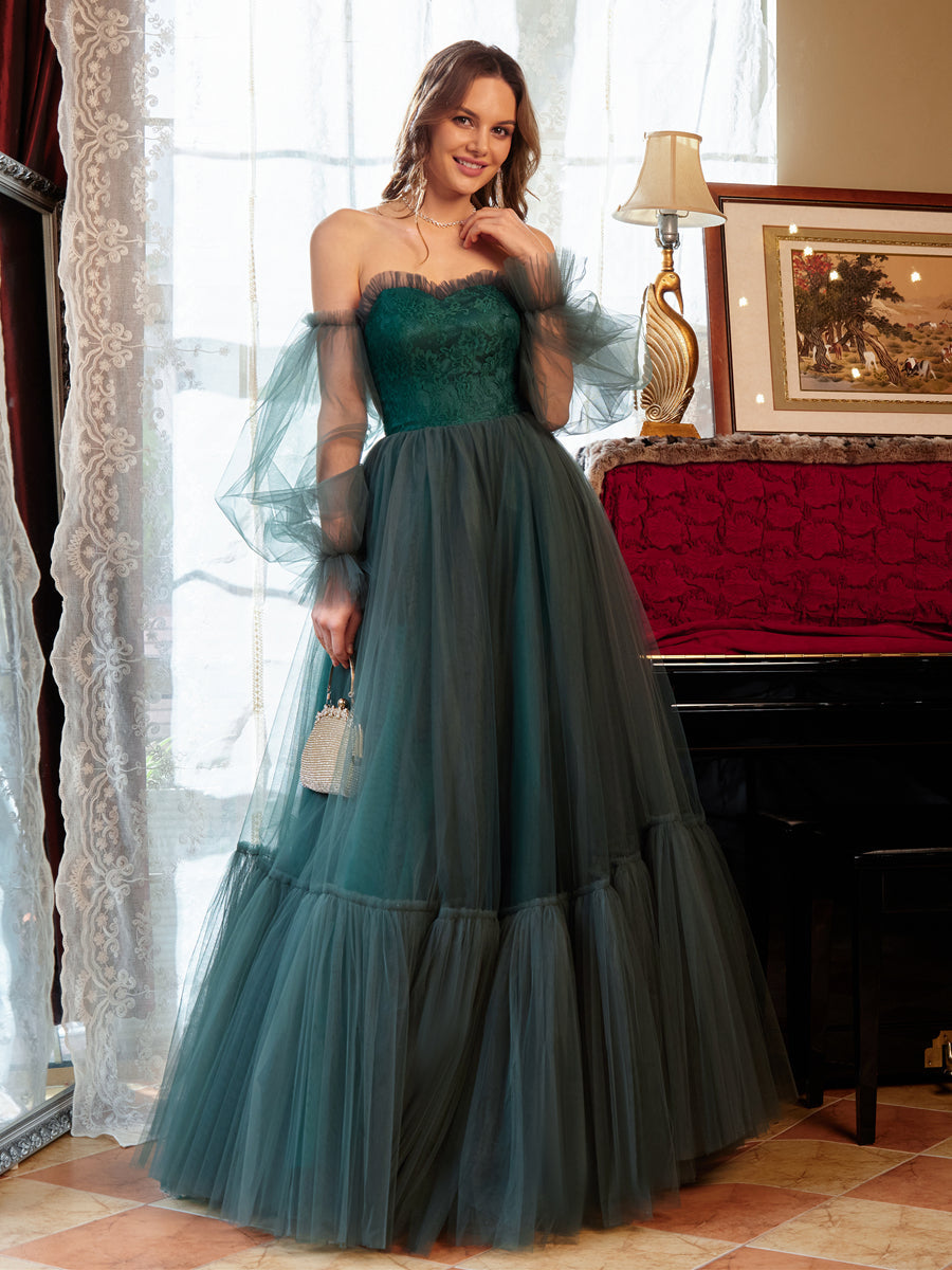 A-Line/Princess Tulle Sweetheart Long Formal Dresses