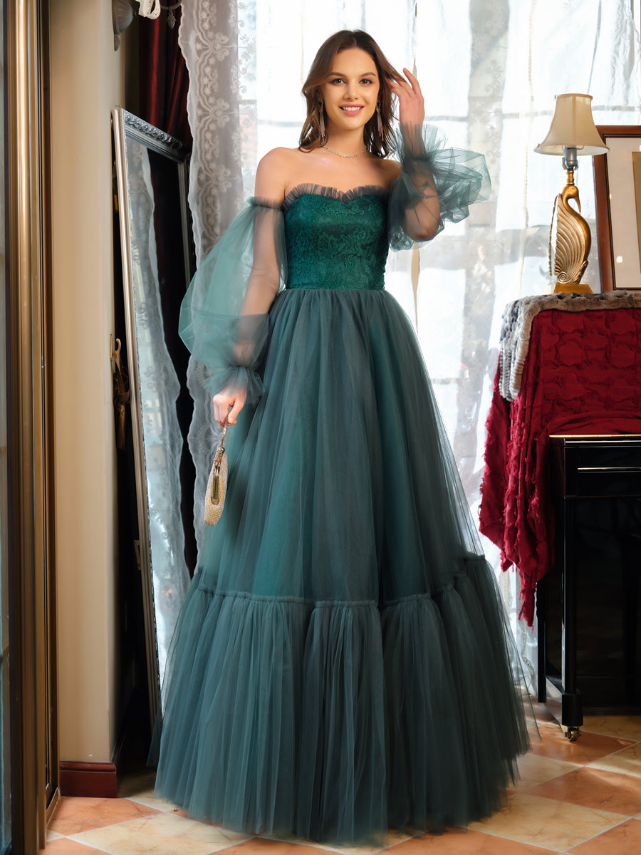 A-Line/Princess Tulle Sweetheart Long Formal Dresses