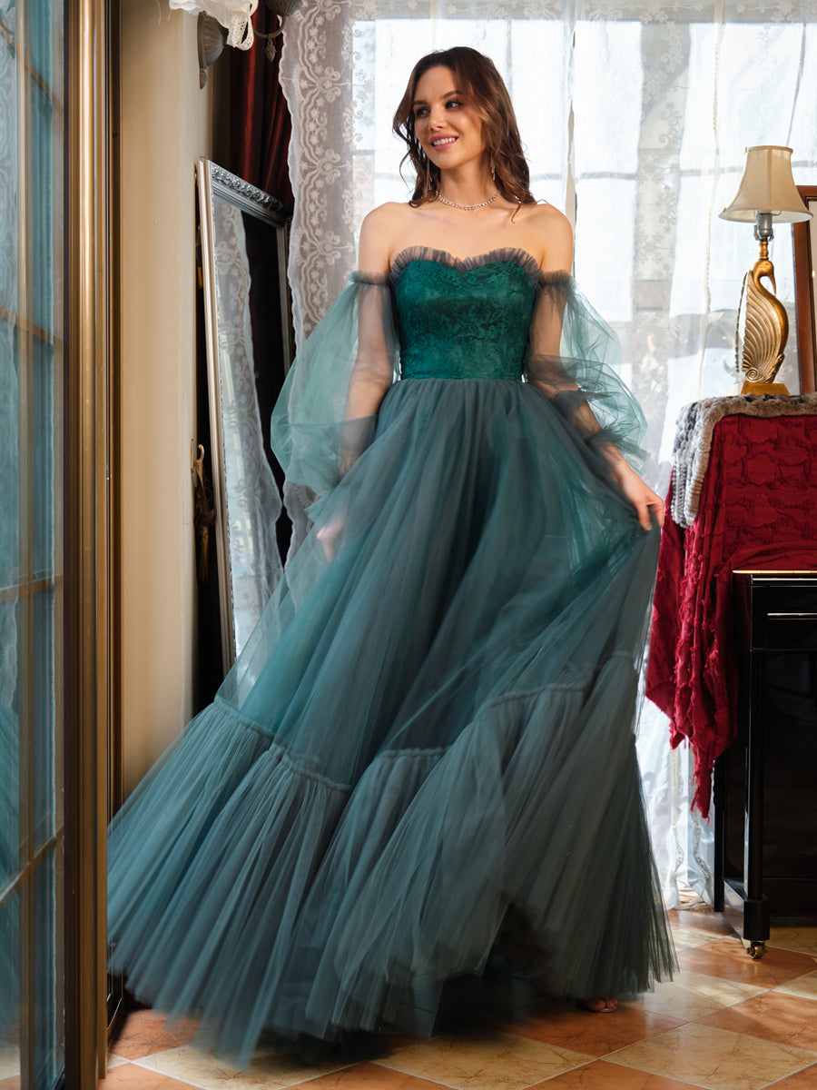 A-Line/Princess Tulle Sweetheart Long Formal Dresses