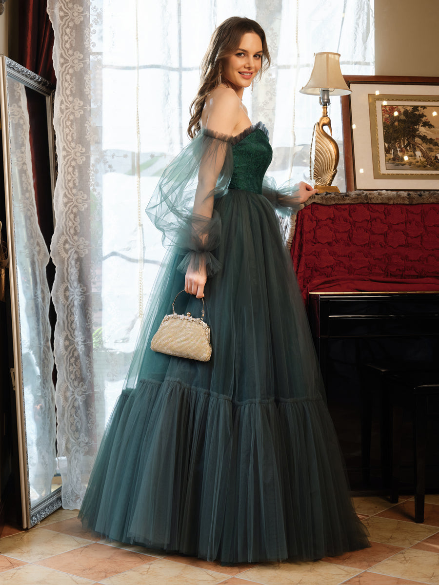 A-Line/Princess Tulle Sweetheart Long Formal Dresses