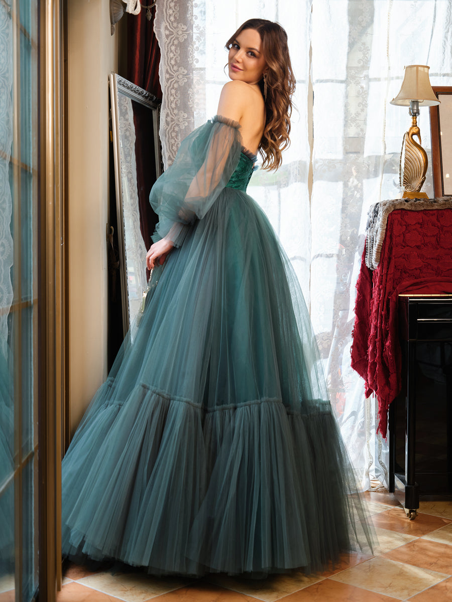A-Line/Princess Tulle Sweetheart Long Formal Dresses