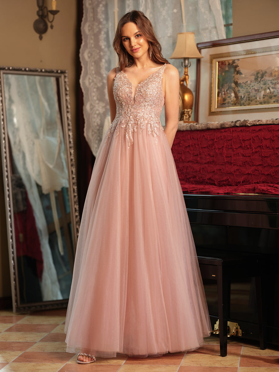 A-Line/Princess V-Neck Tulle Split Side Applique Long Formal Dresses