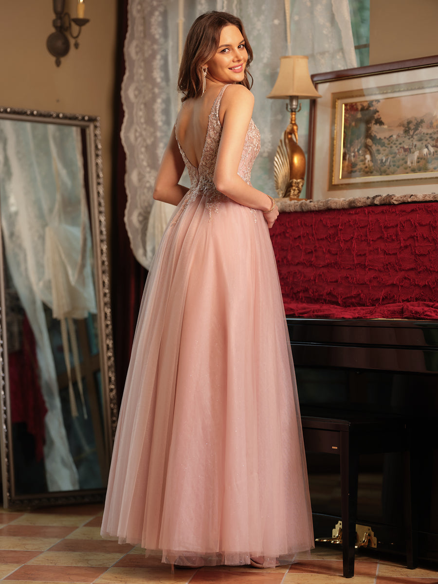 A-Line/Princess V-Neck Tulle Split Side Applique Long Formal Dresses