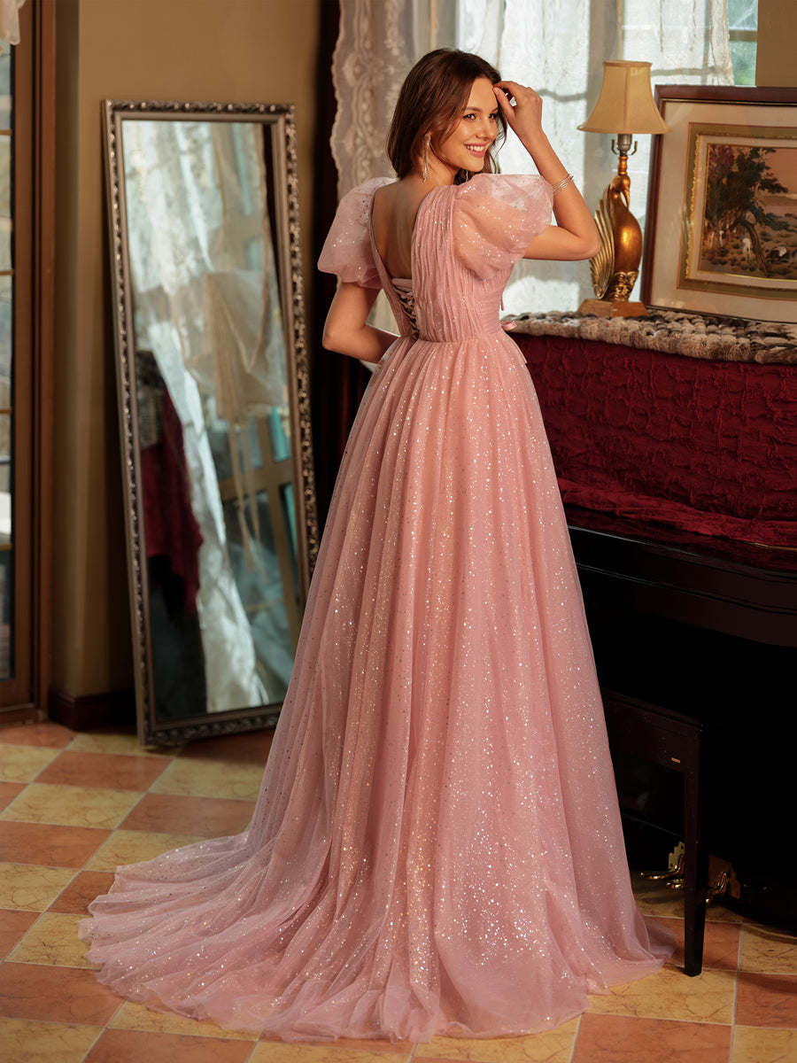A-Line/Princess V-Neck Split Side Long Formal Dresses with Bow-Knot