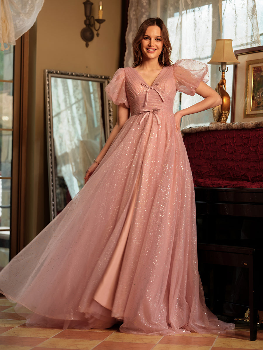 A-Line/Princess V-Neck Split Side Long Formal Dresses with Bow-Knot