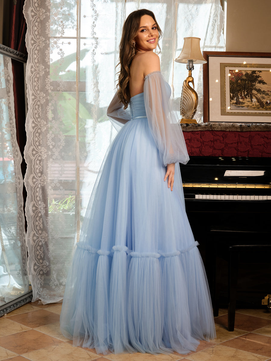 A-Line/Princess Tulle Sweetheart Long Formal Dresses with Belt