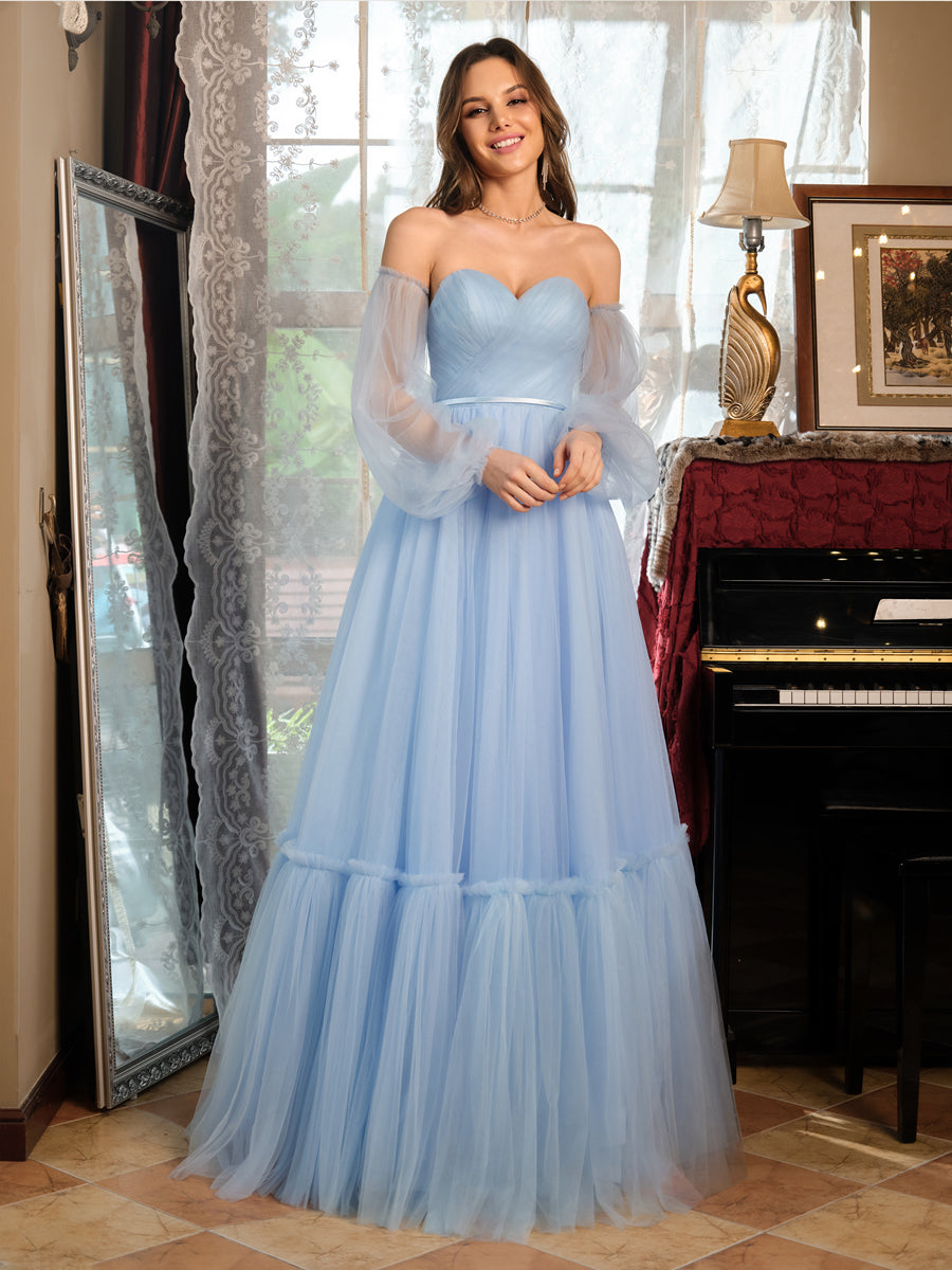 A-Line/Princess Tulle Sweetheart Long Formal Dresses with Belt