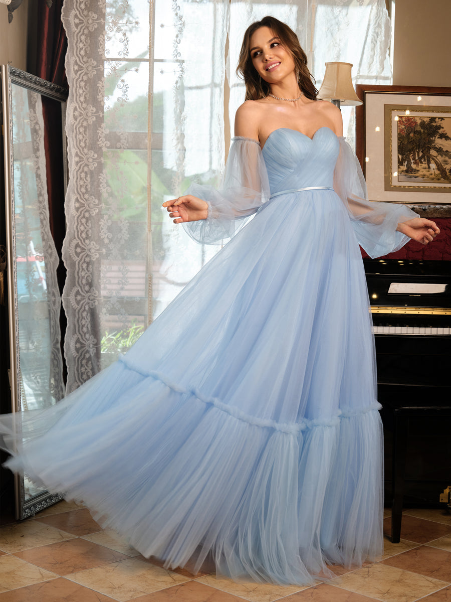 A-Line/Princess Tulle Sweetheart Long Formal Dresses with Belt