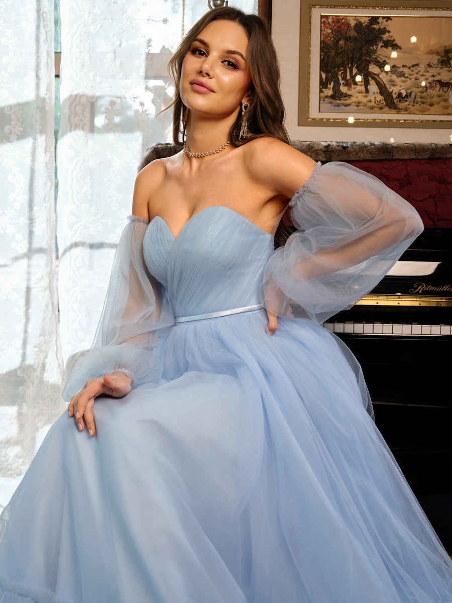 A-Line/Princess Tulle Sweetheart Long Formal Dresses with Belt