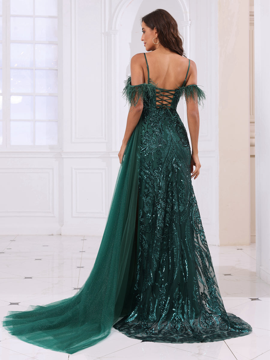 A-Line/Princess Spaghetti Straps Long Formal Dresses with Feather & Sequins