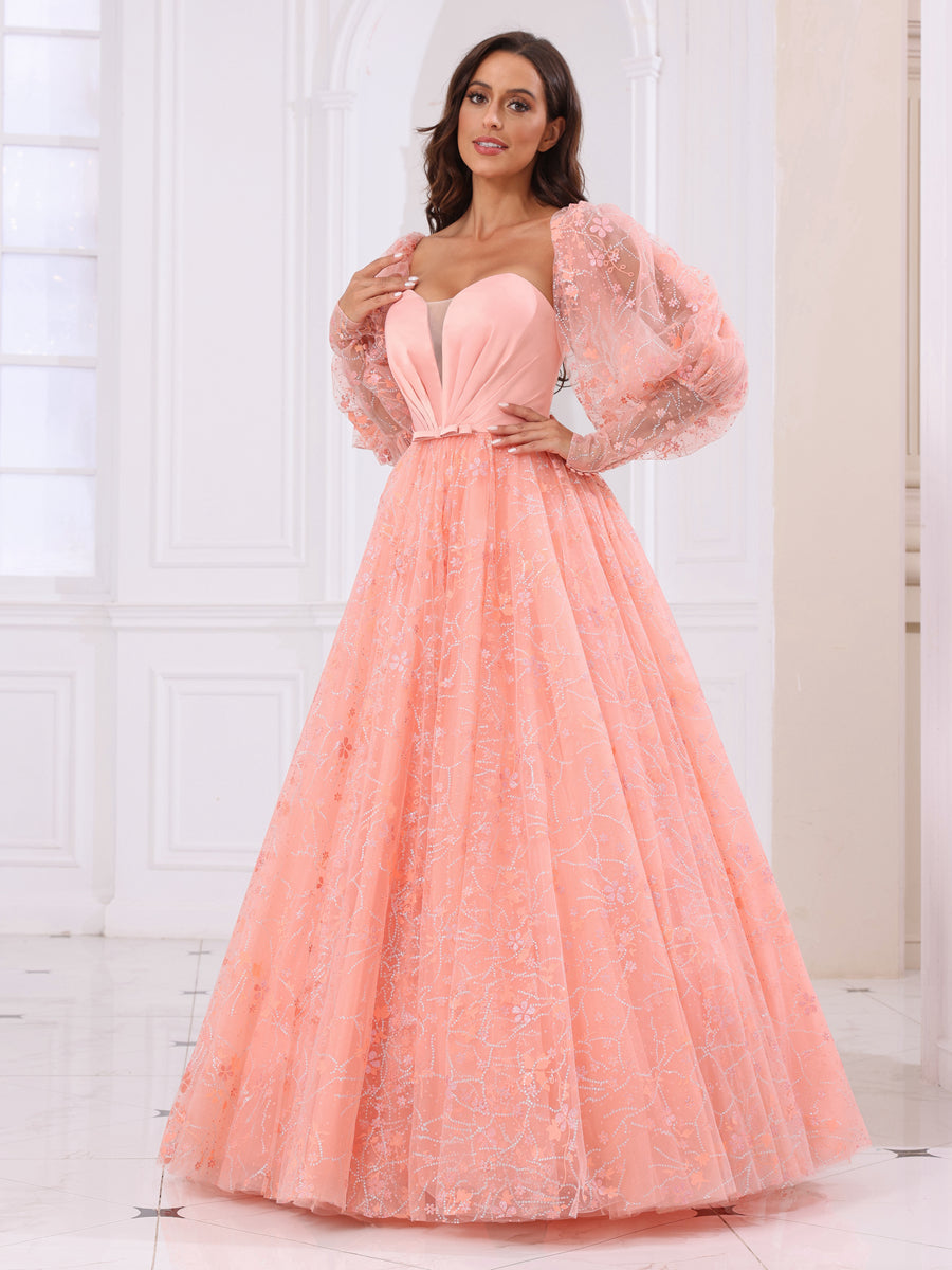 A-Line/Princess Sweetheart Long Formal Dresses with Detachable Sleeves