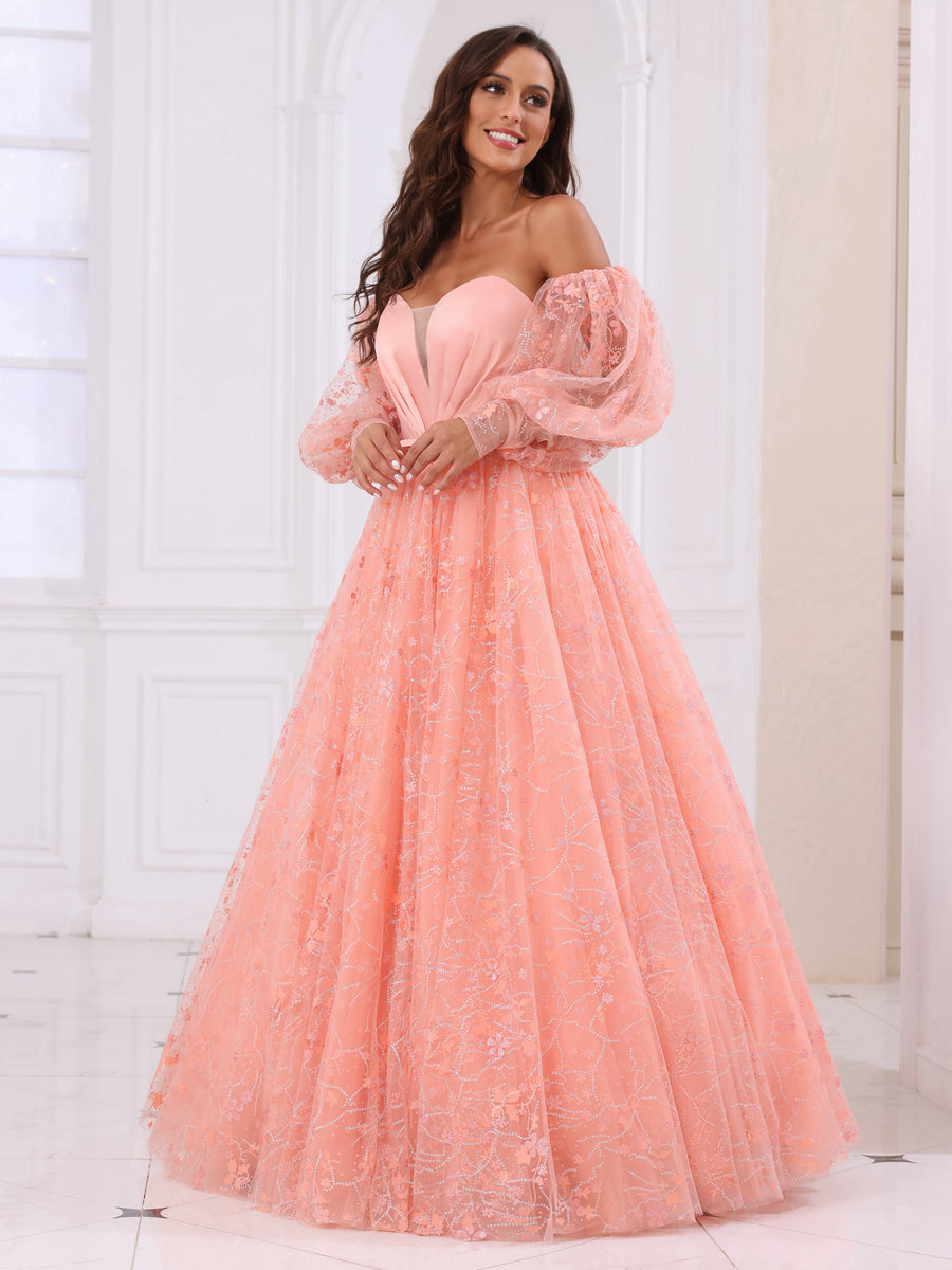 A-Line/Princess Sweetheart Long Formal Dresses with Detachable Sleeves