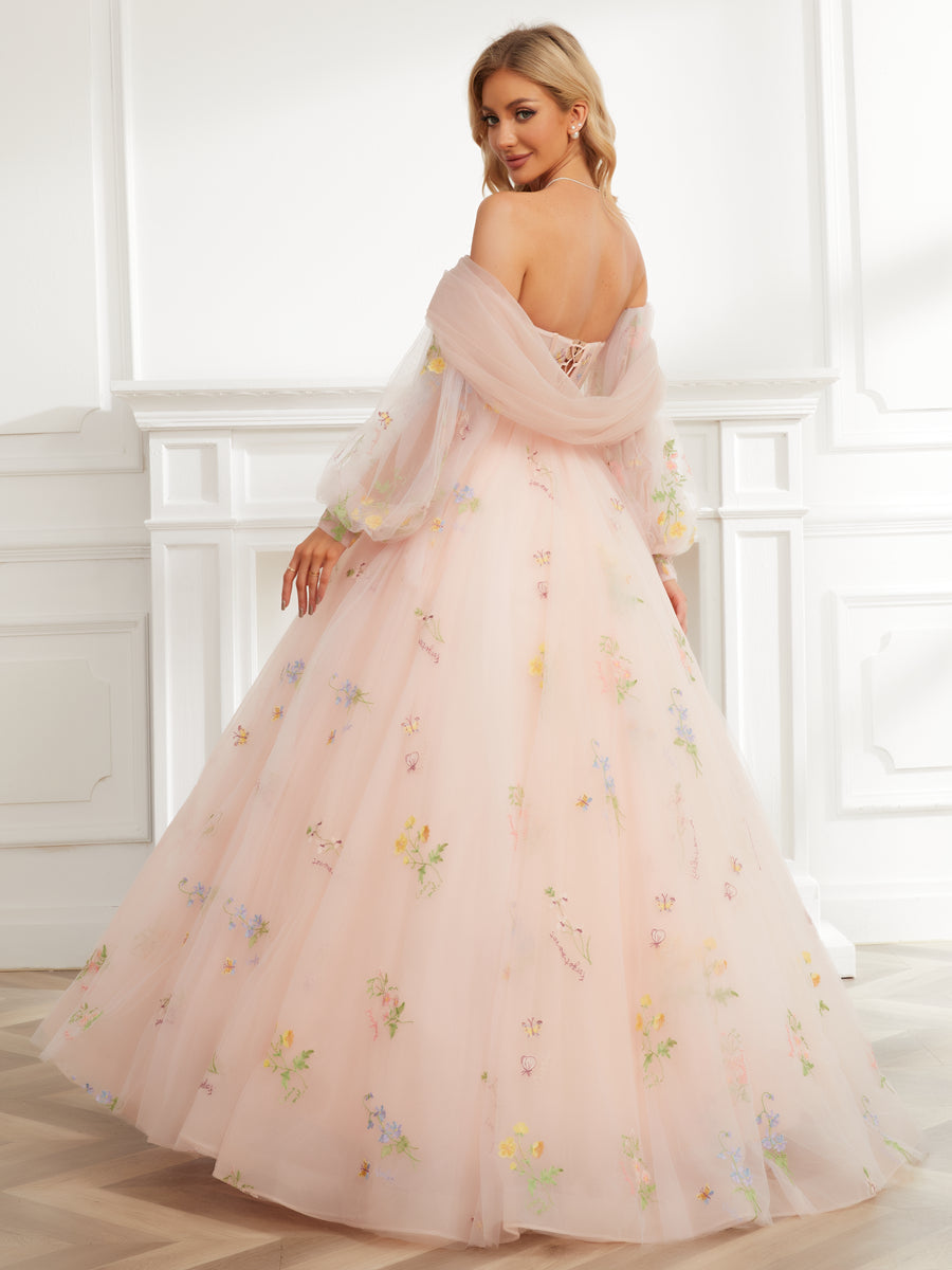 Ball Gown Sweetheart Embroidery Tulle Long Formal Dresses with Detachable Shawl & Sleeves
