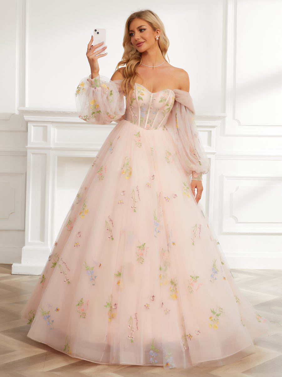 Ball Gown Sweetheart Embroidery Tulle Long Formal Dresses with Detachable Shawl & Sleeves