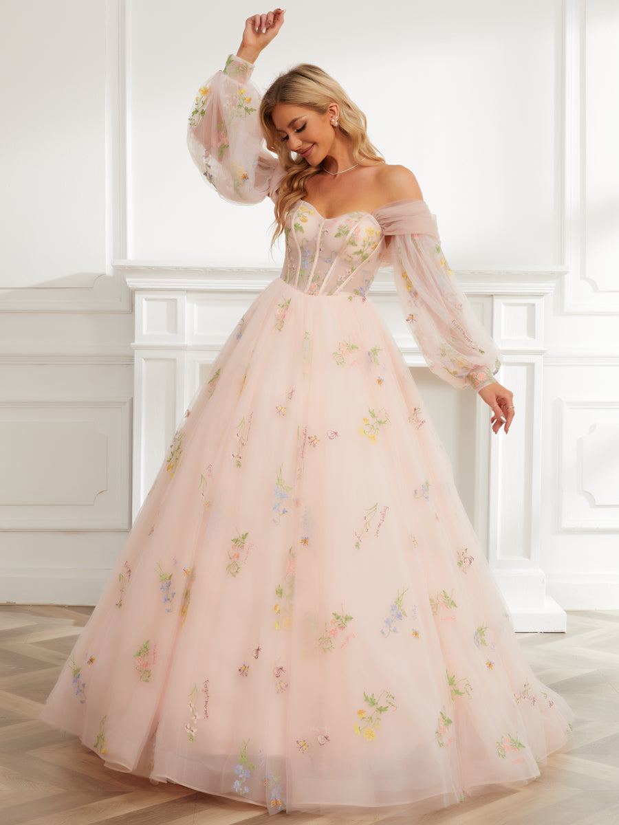 Ball Gown Sweetheart Embroidery Tulle Long Formal Dresses with Detachable Shawl & Sleeves