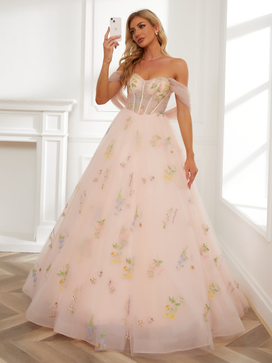 Ball Gown Sweetheart Embroidery Tulle Long Formal Dresses with Detachable Shawl & Sleeves