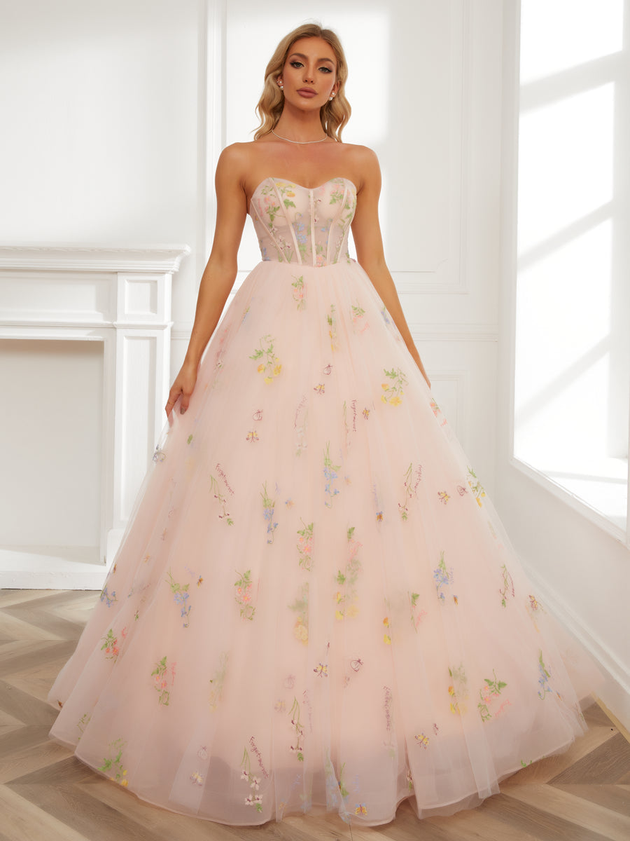 Ball Gown Sweetheart Embroidery Tulle Long Formal Dresses with Detachable Shawl & Sleeves
