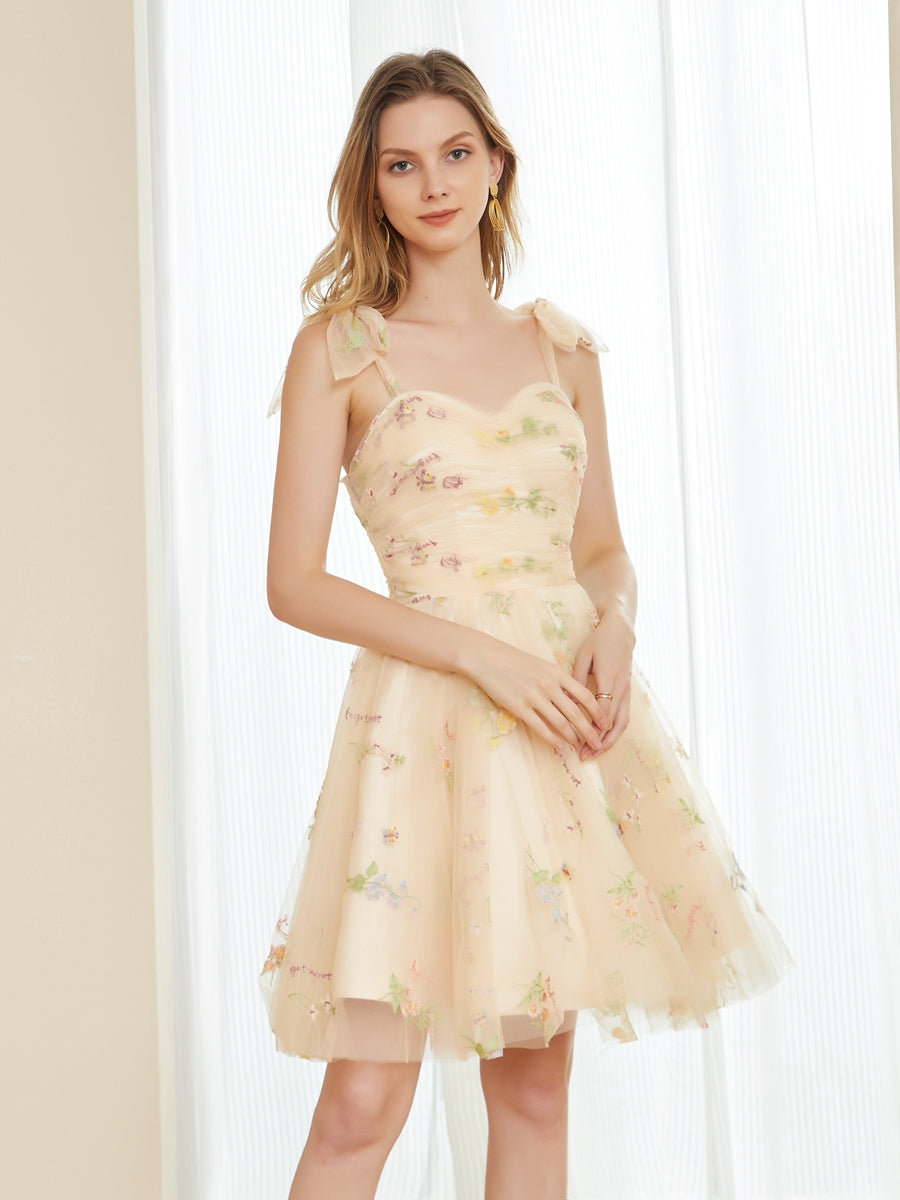 Retro A-Line Tulle Short Embroidery Semi Formal Dresses with Spaghetti Straps