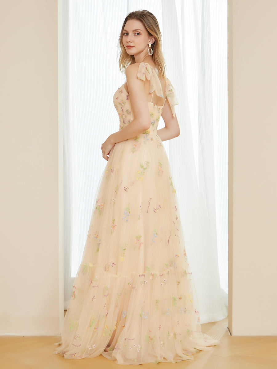 Retro A-Line Tulle Embroidery Long Formal Dresses with Spaghetti Straps