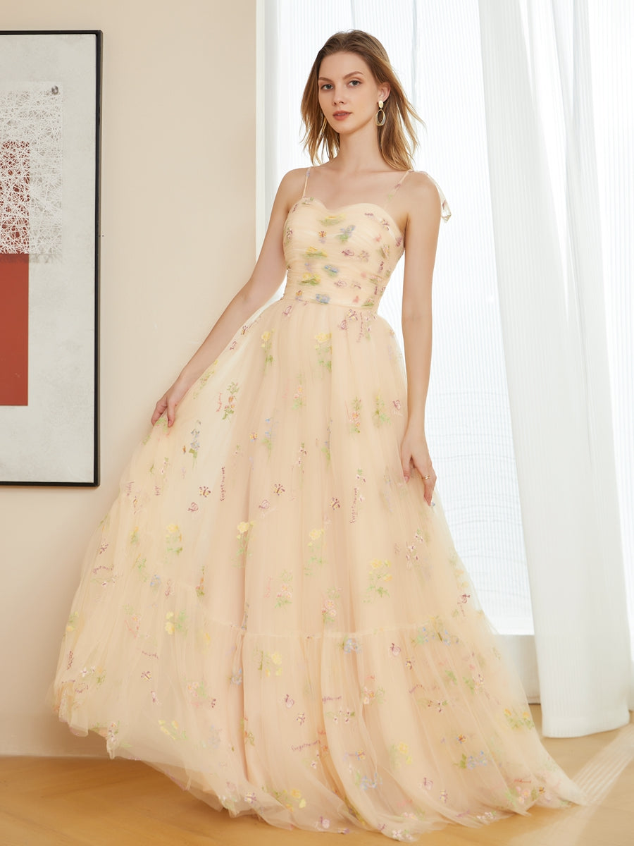 Retro A-Line Tulle Embroidery Long Formal Dresses with Spaghetti Straps