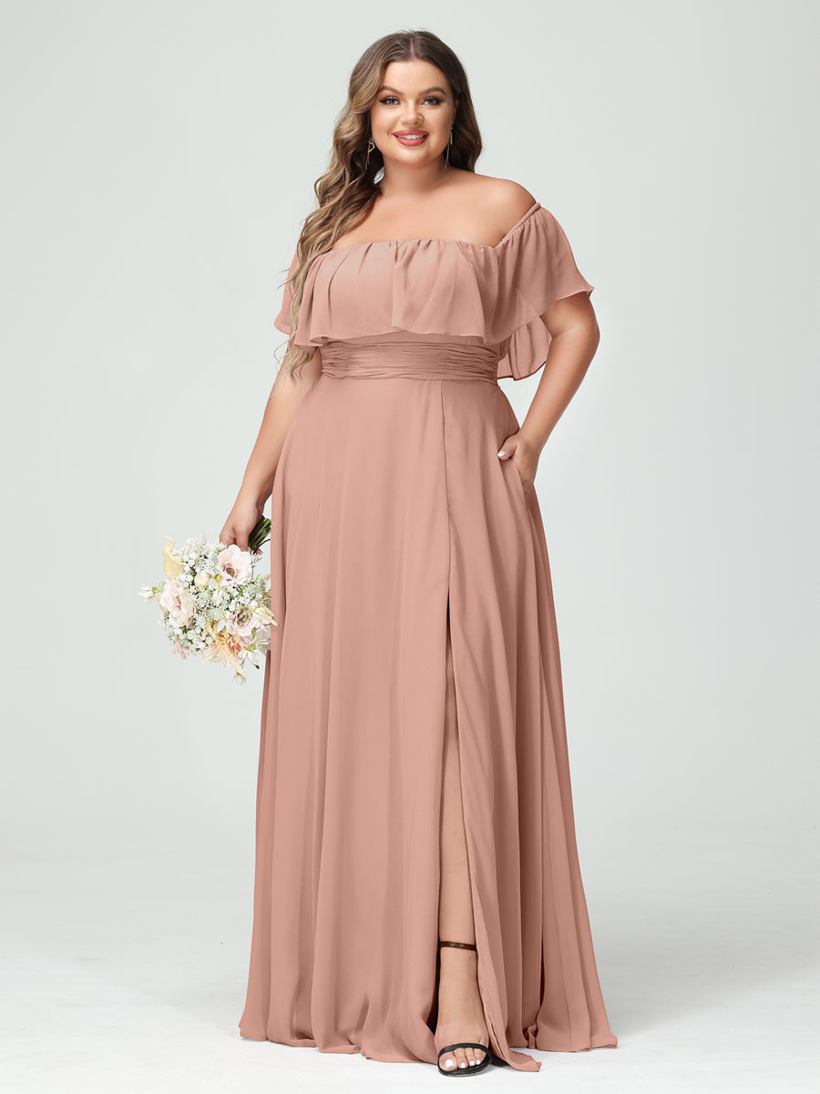 A-Line/Princess Off-the-Shoulder Short Sleeves Chiffon Split Side Plus Size Bridesmaid Dresses with Pockets