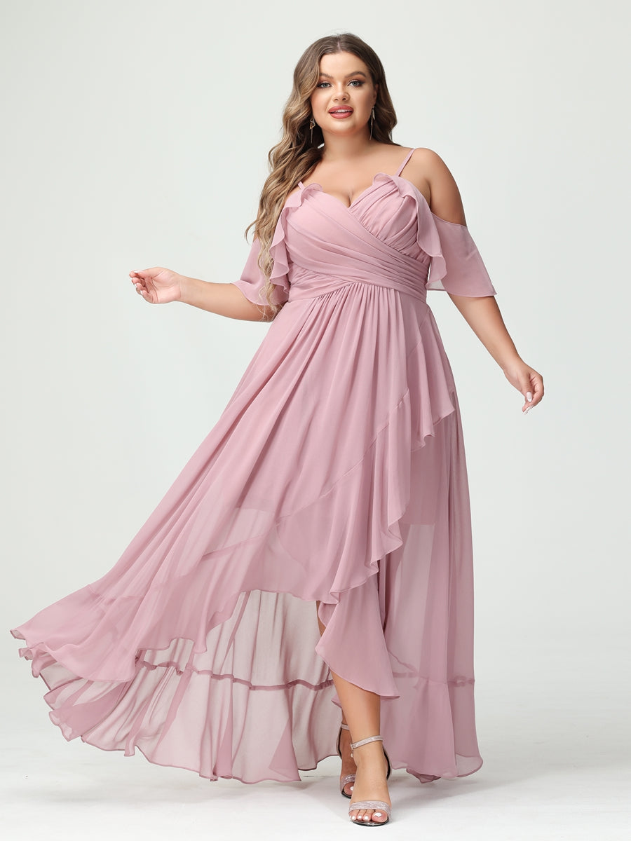 A-Line/Princess Spaghetti Straps V-Neck Short Sleeves Chiffon Ruffles Asymmetrical Plus Size Bridesmaid Dresses