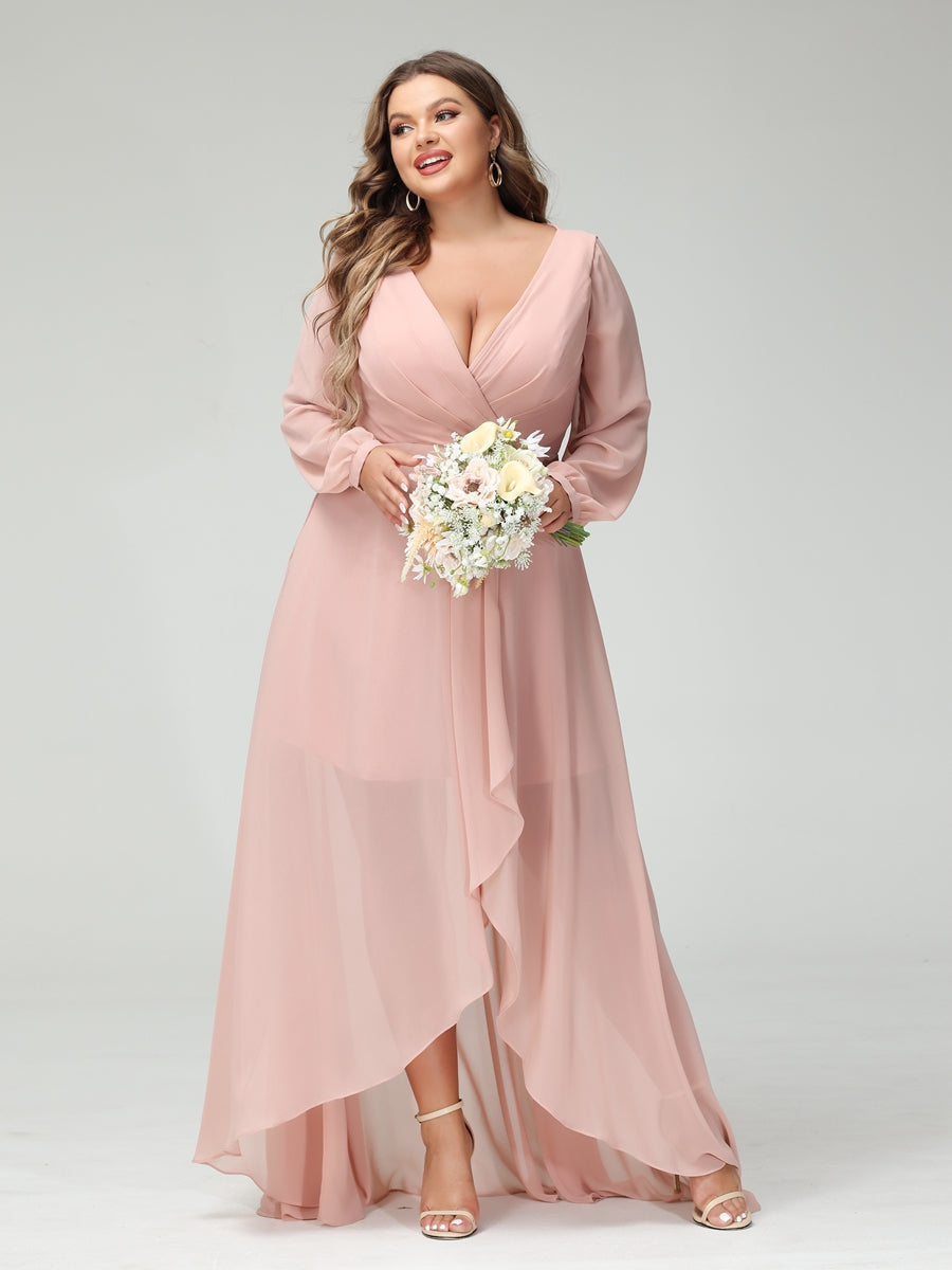 Lavetir A-Line/Princess V-Neck Long Sleeves Chiffon Ruched Asymmetrical Plus Size Bridesmaid Dresses with Pockets 9658027 - Lavetir AU Lavetir A-Line/Princess V-Neck Long Sleeves Chiffon Ruched Asymmetrical Plus Size Bridesmaid Dresses with Pockets 9658027 - Lavetir AU