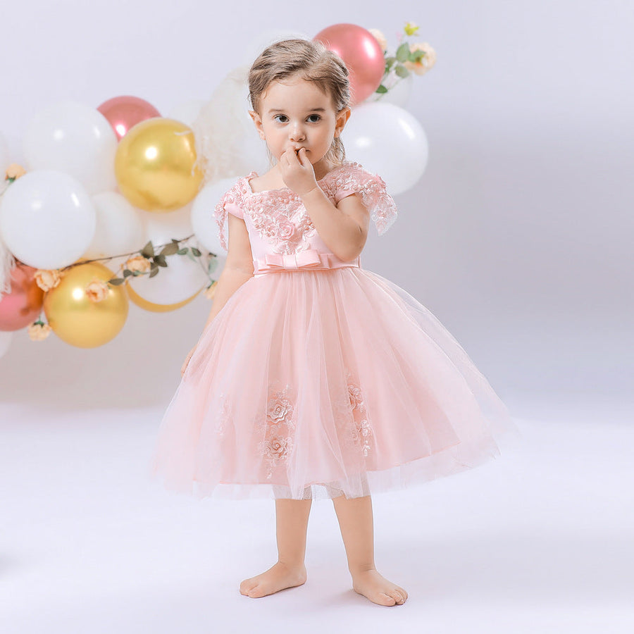 Ball Gown Scoop Short Sleeves Flower Girl Dresses with Bow Knot