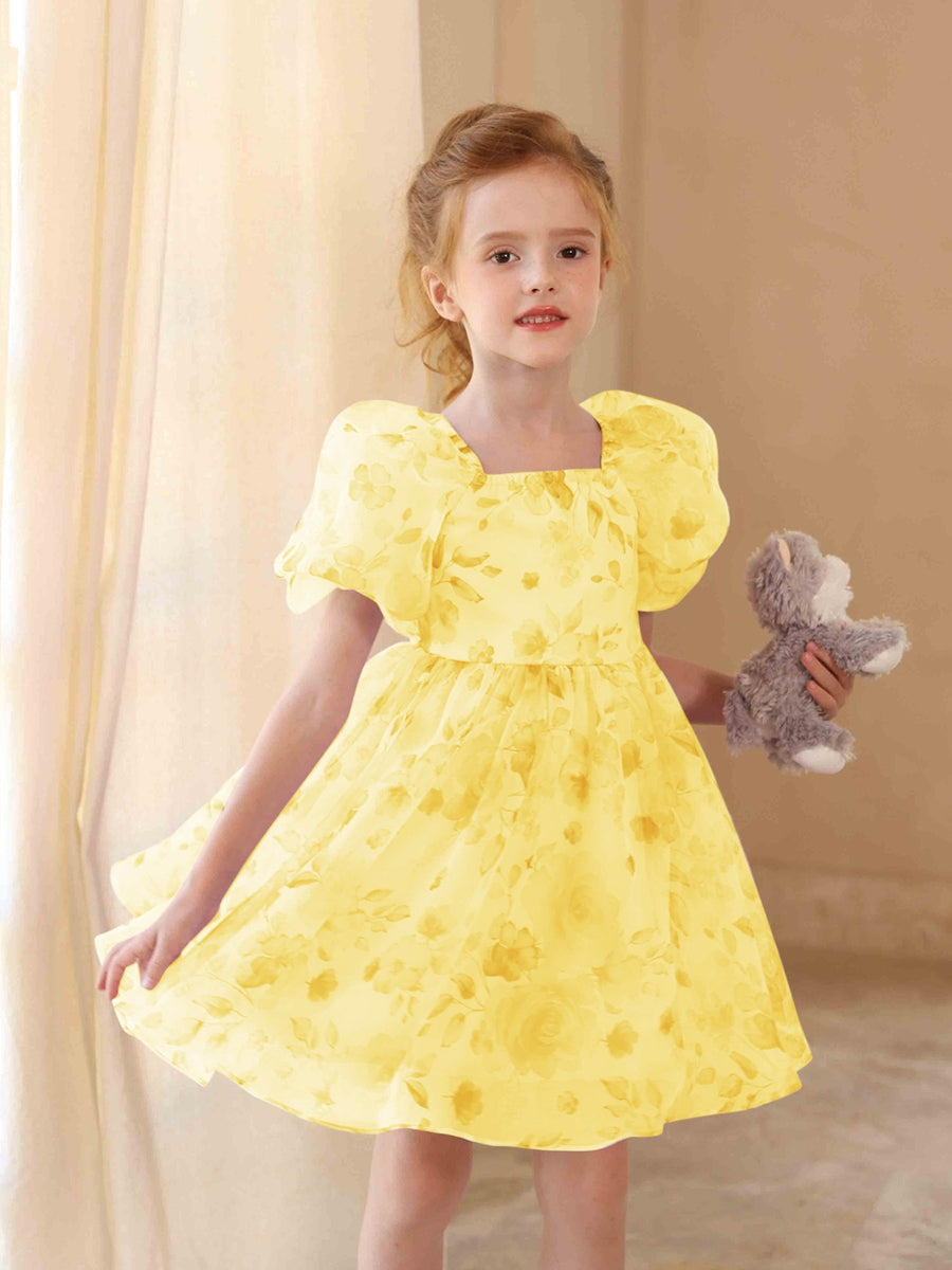 A-Line/Princess Square Neck Printed Floral Flower Girl Dresses with Puff Sleeves