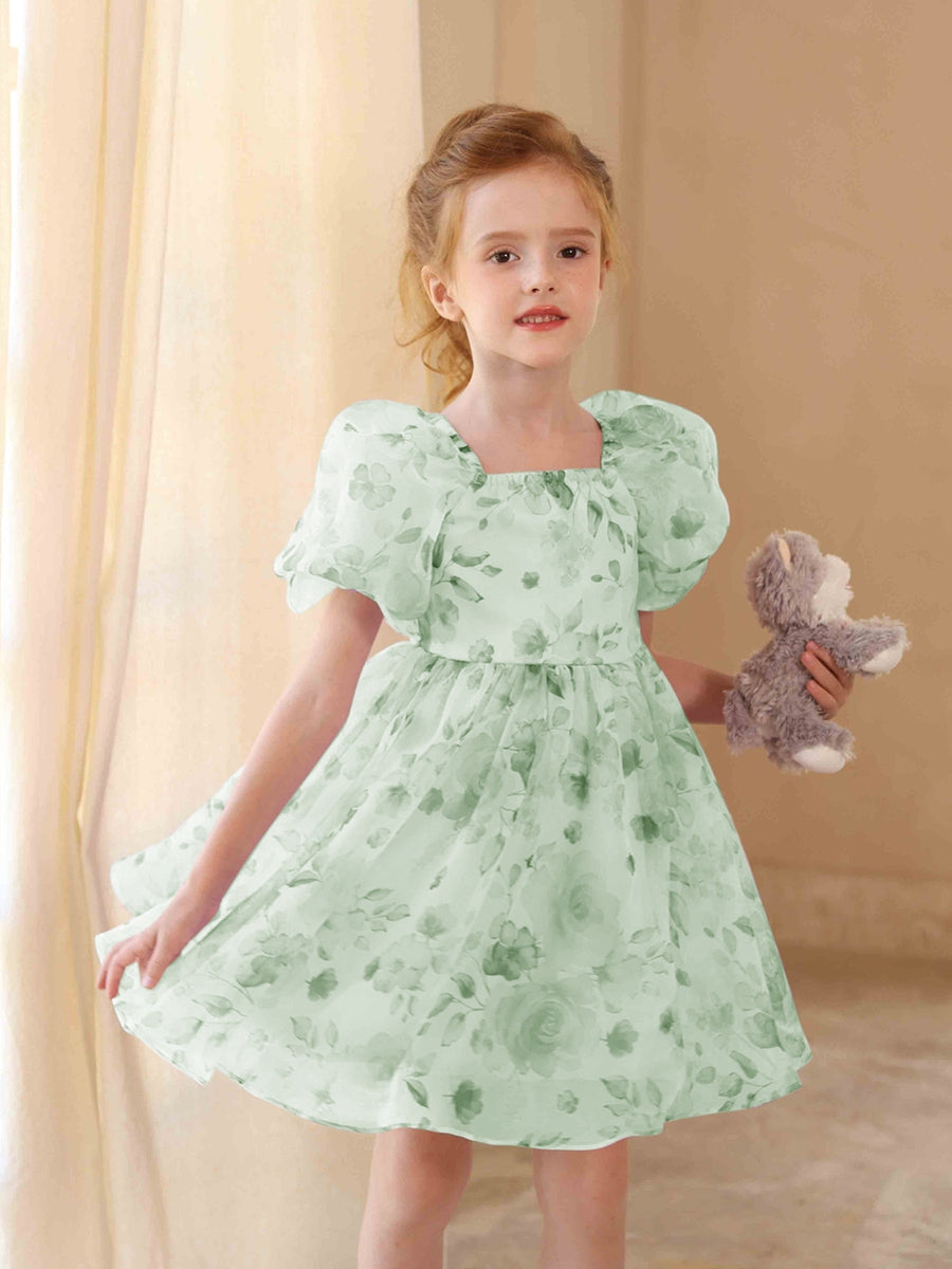 A-Line/Princess Square Neck Printed Floral Flower Girl Dresses with Puff Sleeves