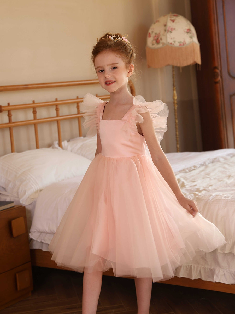 A-Line/Princess Square Neck Flying Sleeves Flower Girl Dresses with Ruffles