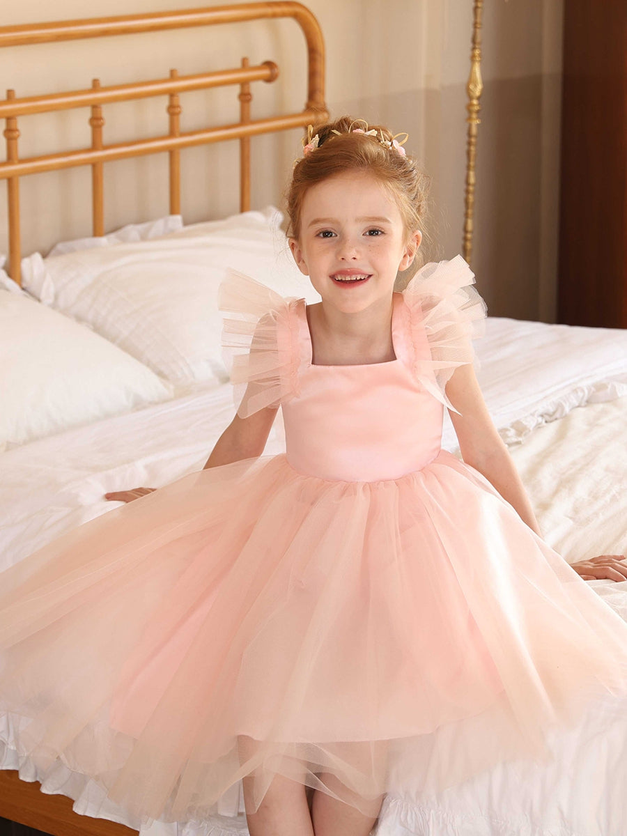 A-Line/Princess Square Neck Flying Sleeves Flower Girl Dresses with Ruffles
