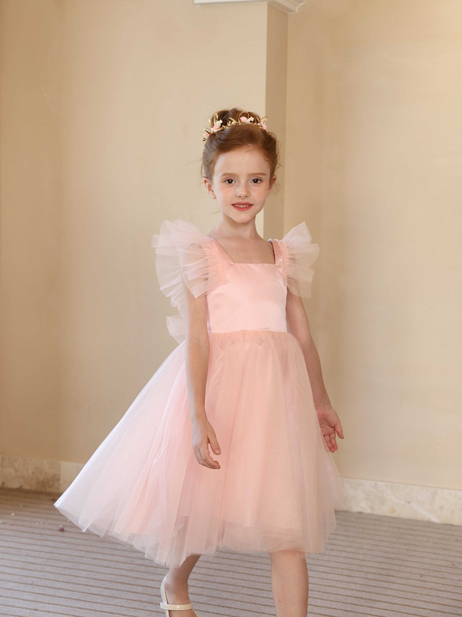 A-Line/Princess Square Neck Flying Sleeves Flower Girl Dresses with Ruffles