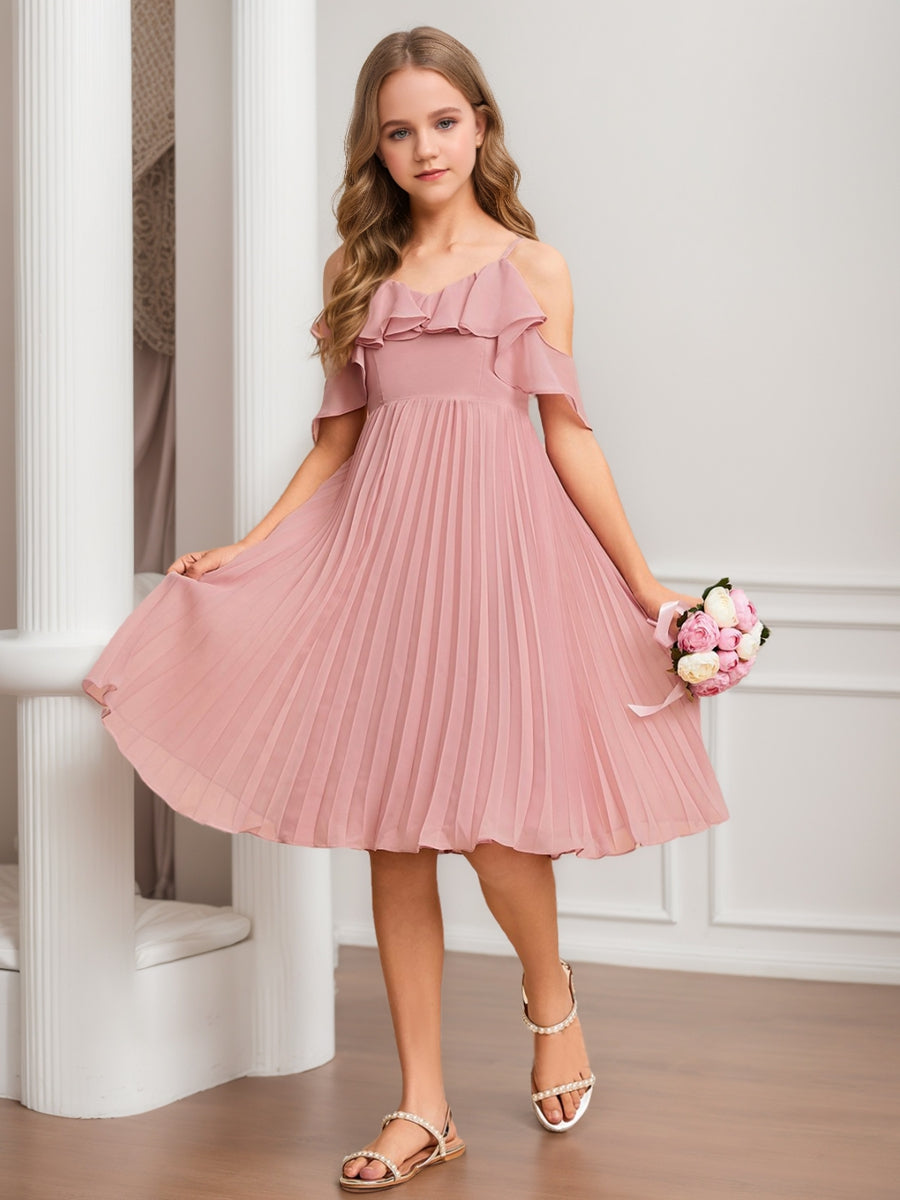 Lavetir A-Line/Princess Cold Shoulder Short Sleeves Ruffles Junior  Bridesmaid Dresses 96631042