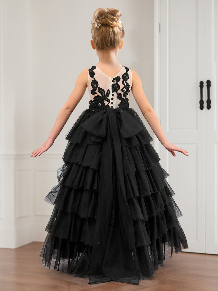 A-Line/Princess Scoop Neck Tiered Tulle Flower Girl Dresses with Appliques