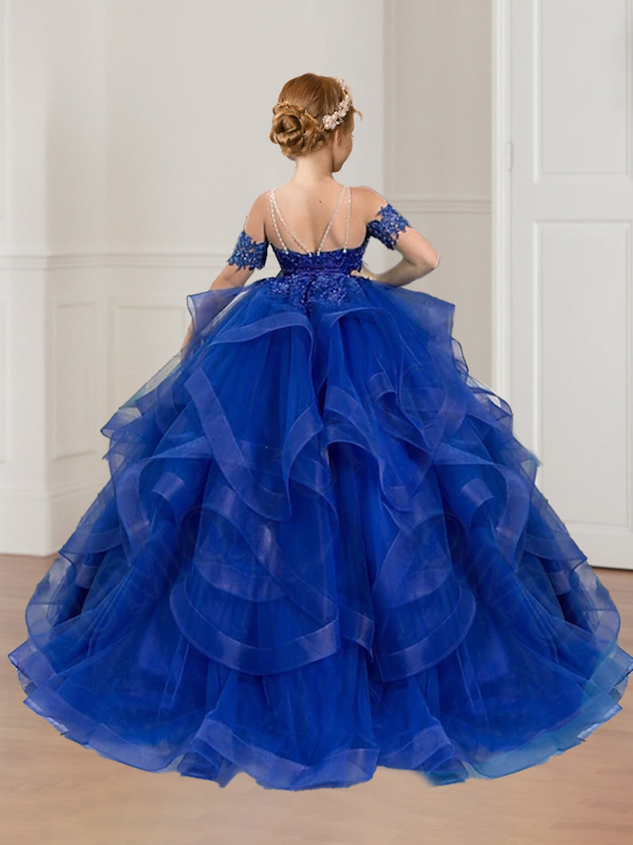 A-Line/Princess Straps Short Sleeves Lace Ruffle Flower Girl Dresses