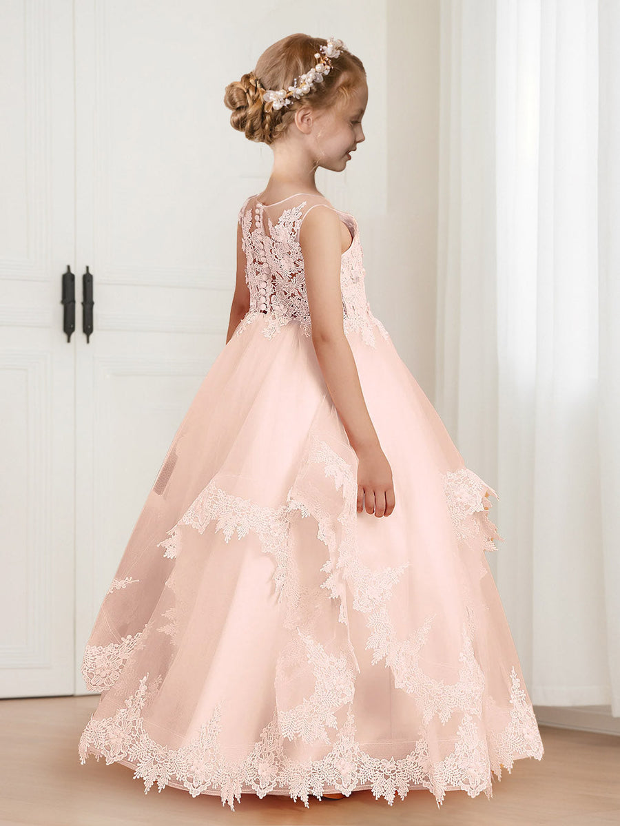 A-Line/Princess Scoop Neck Applique Tulle Flower Girl Dresses with Ruffles