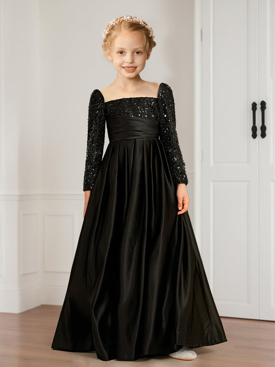 A-Line/Princess Square Neck Long Sleeves Flower Girl Dresses with Sequins