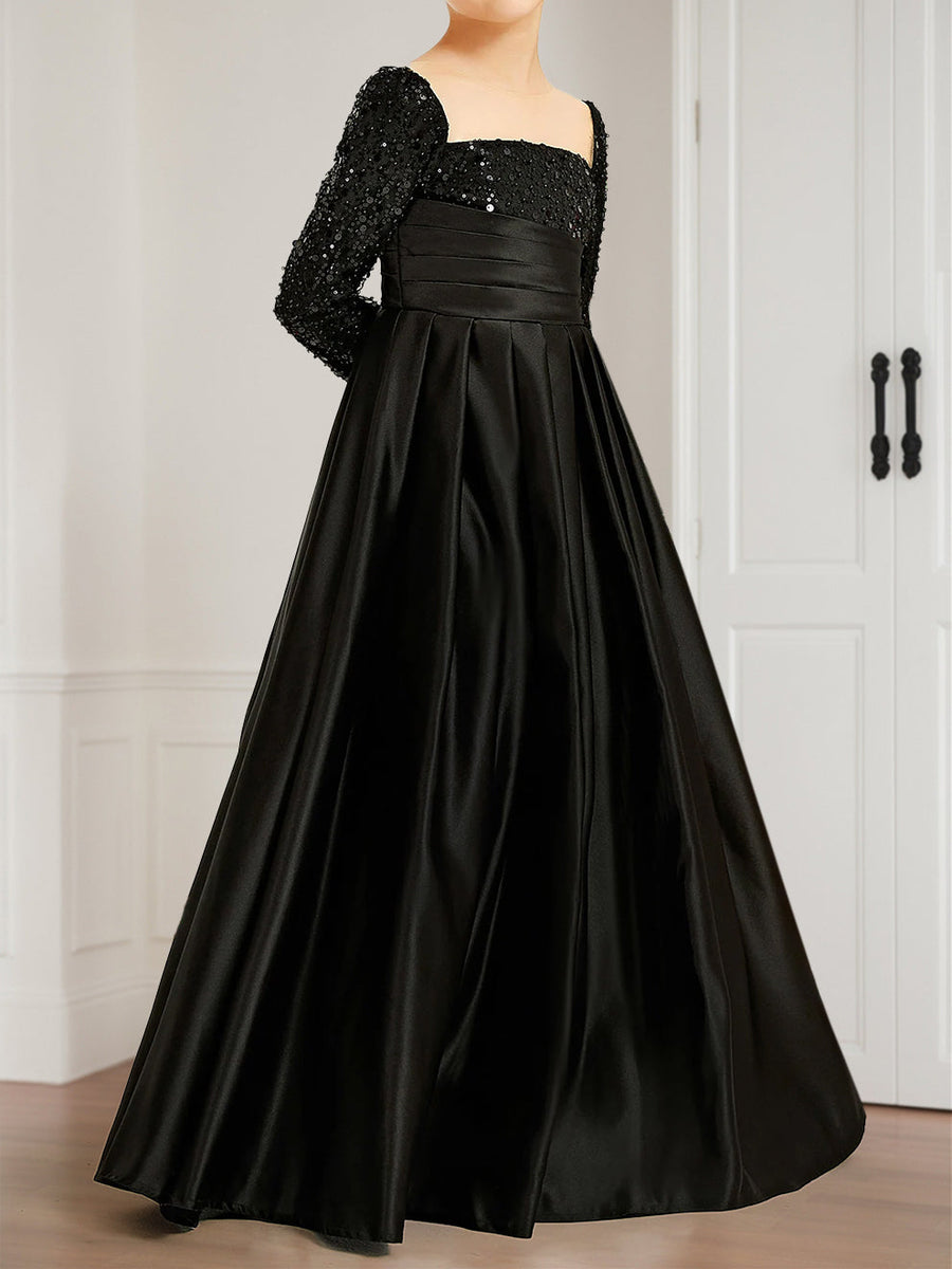 A-Line/Princess Square Neck Long Sleeves Flower Girl Dresses with Sequins