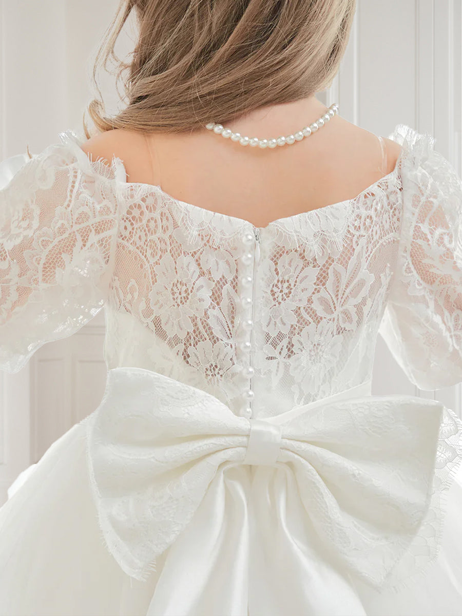 Ball-Gown/Princess Off-the-Shoulder Lace Tulle Girl Party Dresses with Long Sleeves