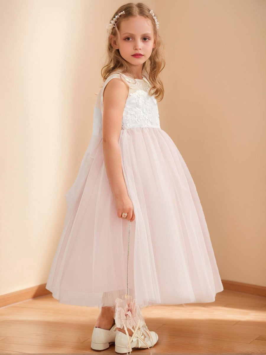 A-Line/Princess Scoop Tea-Length Tulle Sleeveless Flower Girl Dresses with Bow & Sash
