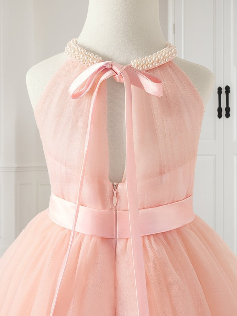 Tulle A-Line Halter Knee-Length Sleeveless Flower Girl Dresses with Beading Bow